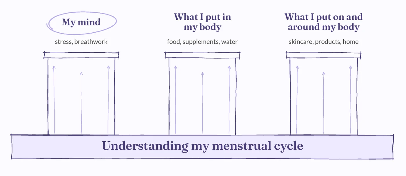 A sketch of the menstrual cycle as the base, with mind, what goes in the body, and what goes on and around the body above it