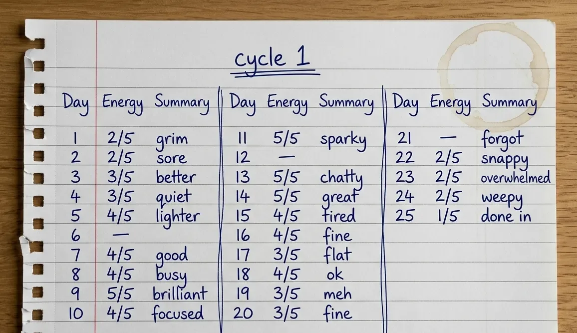 A first month of cycle notes in a lined notebook
