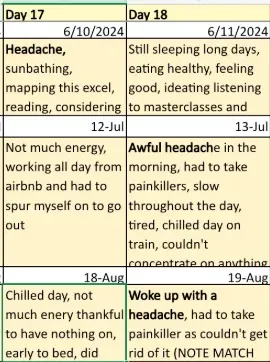 A crop of Megan's tracking spreadsheet showing day 17 and day 18 entries across three cycles, with a headache noted on day 18 each time